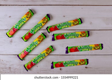 New York NY NOV 08 2019: Colorful Mamba Fruit Chews Made By August Storck KG On Old Wooden Background