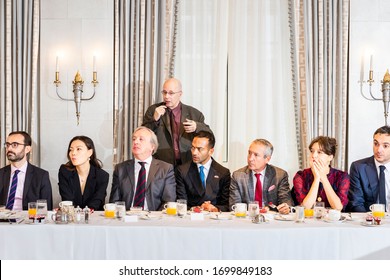 NEW YORK, NY - NOV 19 2019: Guests, Listening To Former French President, François Hollande, At The Links Club, On November 19th, 2019, In New York, NY. (Photo By Kari Bjorn)