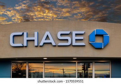 New York NY NOV 21 2019: Facade Of Chase Bank With Sunset The Rays In New York, USA.