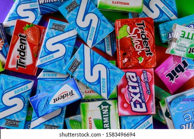 New York NY NOV 29 2019: Chewing Gum Various Brands Orbit, Extra, Eclipse, Freedent, Wrigley, Spearmint Trident Stride