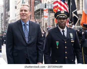 New York, NY - November 11, 2021: Dermot Shea And Rodney Harrison March At Veterans Day Parade Along Fifth Avenue