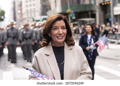 New York, NY - November 11, 2021: Governor Kathy Hochul Marches At Veterans Day Parade Along Fifth Avenue