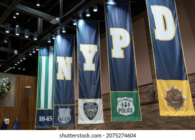 New York, NY - November 15, 2021: Decorations Seen During Memorial Ceremony At One Police Plaza