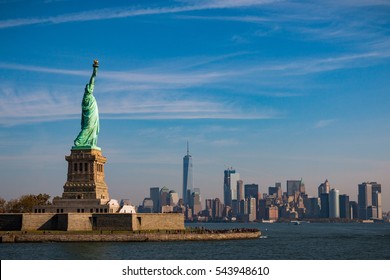 NEW YORK, NY - NOVEMBER 2, 2016: Statue of Liberty and Lower Manhattan on November 2, 2016 in New York City.