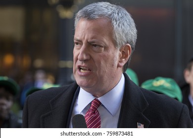 New York, NY - November 21, 2017: Mayor Bill De Blasio Speaks At Rally Against GOP Tax Bill In Front Of Trump Tower On 5th Avenue