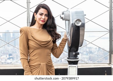 New York, NY - November 22, 2021: Amazon Original Series With Love Star Emeraude Toubia Visits Empire State Building Observation Deck