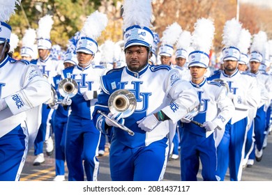 NEW YORK, NY - NOVEMBER 25: Hampton University Marching Band From Hampton, VA Perform At The 95th Annual Macy's Thanksgiving Day Parade On November 25, 2021 In New York City.