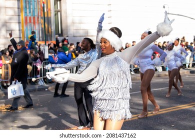 NEW YORK, NY - NOVEMBER 25: Hampton University Marching Band From Hampton, VA Perform At The 95th Annual Macy's Thanksgiving Day Parade On November 25, 2021 In New York City.