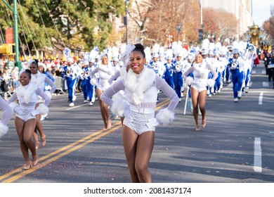 NEW YORK, NY - NOVEMBER 25: Hampton University Marching Band From Hampton, VA Perform At The 95th Annual Macy's Thanksgiving Day Parade On November 25, 2021 In New York City.