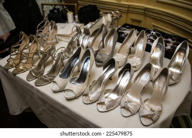 NEW YORK, NY - OCTOBER 09: A Shoes Lineup Ready Backstage For Oleg Cassini Fall 2015 Bridal Collection At The Plaza Athenee On October 09, 2014 In New York City.