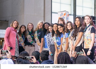 New York, NY - October 11, 2019: Jenna Bush Hager, Alessia Cara and girl scouts pose on stage during NBC Today Show concert in honor of International Day of the Girl at Rockfeller Plaza - Shutterstock ID 1528871369