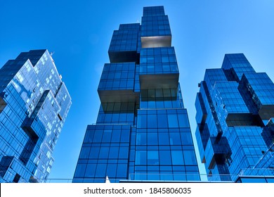 New York, NY - October 17 2020: 420 Kent consists of three contemporary apartment towers of cubic, staggered glass boxes, on the East River waterfront in Williamsburg, Brooklyn, NY.