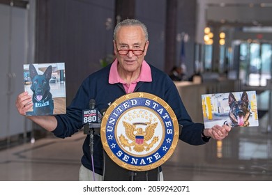 NEW YORK, NY – OCTOBER 17, 2021: U.S. Senator Chuck Schumer Anticipates Staff Shortages Due To COVID Vaccine Mandate And Urges TSA To Use More Canine Dog Teams During Upcoming Holiday Travel Season.