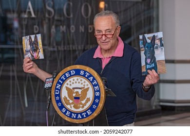 NEW YORK, NY – OCTOBER 17, 2021: U.S. Senator Chuck Schumer Anticipates Staff Shortages Due To COVID Vaccine Mandate And Urges TSA To Use More Canine Dog Teams During Upcoming Holiday Travel Season.