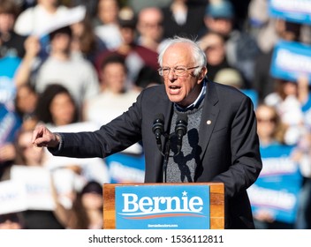 New York, NY - October 19, 2019: U.S. Senator Bernie Sanders speaks during Bernie Sanders Rally "Bernie's Back" in Queensbridge Park