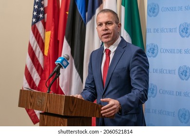 New York, NY - October 19, 2021: Permanent Representative Of Israel To The UN Gilad Erdan Addressed Media At Stakeout At UN Headquarters