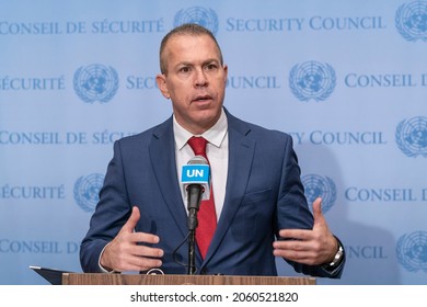 New York, NY - October 19, 2021: Permanent Representative Of Israel To The UN Gilad Erdan Addressed Media At Stakeout At UN Headquarters