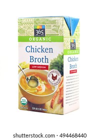 NEW YORK, NY - OCTOBER 1st, 2016: Carton Of Whole Foods 365 Brand Organic Chicken Broth - Isolated