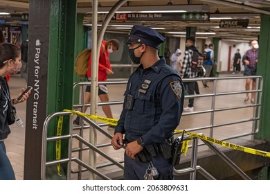 NEW YORK, NY – OCTOBER 25: NYPD secures crime scene at Union Square subway station after a man was shot during attempted robbery on northbound N train on October 25, 2021 in New York, NY.