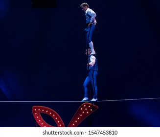 New York, NY - October 31, 2019: The Lopez Troupe Performs On High-wire During Halloween Ball At Big Apple Circus At Lincoln Center