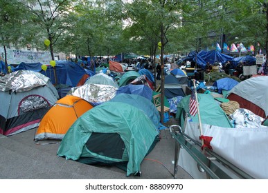 NEW YORK, N.Y. - OCTOBER 31 - Occupy Wall Street protesters' tent city at Zuccotti Park in the financial district, October 31, 2011, New York.