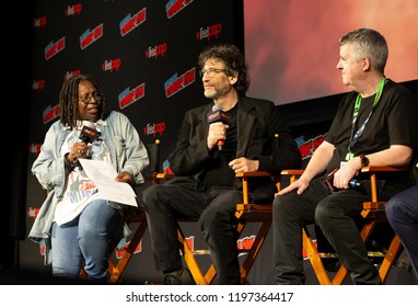 New York, NY - October 6, 2018: Whoopi Goldberg, Neil Gaiman, Douglas MacKinnon attend Amazon Prime Good Omens panel during New York Comic Con at Hulu Theater at Madison Square Garden