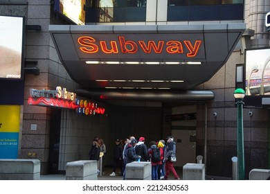 New York, NY - October 9, 2022 - An MTA Subway Entrance In The Middle Of Times Square In New York City.