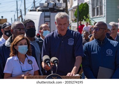 NEW YORK, NY - SEPTEMBER 02: New York City Mayor Bill De Blasio Speaks At A Press Conference In Queens Addressing The Impact Of Hurricane Ida's Remnants September 2, 2021 In New York City.