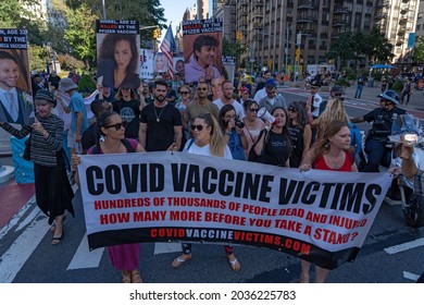 NEW YORK, NY - SEPTEMBER 04: Anti-vaccination protesters march from Madison Square Park to Time Square at a Freedom Rally against Covid-19 vaccination mandates on September 04, 2021 in New York City.