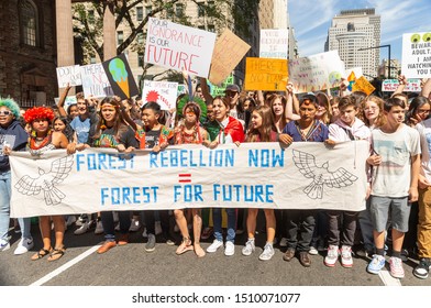 New York, NY - September 20, 2019: Protesters march during NYC Climate Strike rally and demonstration along Broadway