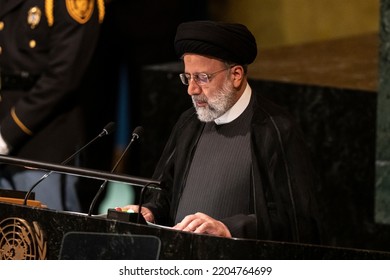 New York, NY - September 21, 2022: Seyyed Ebrahim Raisi, President Of The Islamic Republic Of Iran Speaks At 77th General Assembly Of The United Nations At UN Headquarters