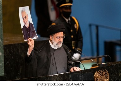 New York, NY - September 21, 2022: Seyyed Ebrahim Raisi, President Of The Islamic Republic Of Iran Speaks At 77th General Assembly Of The United Nations At UN Headquarters