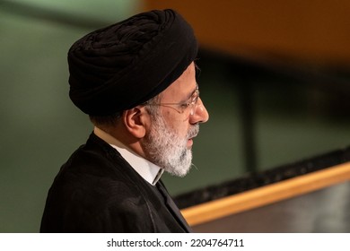 New York, NY - September 21, 2022: Seyyed Ebrahim Raisi, President Of The Islamic Republic Of Iran Speaks At 77th General Assembly Of The United Nations At UN Headquarters