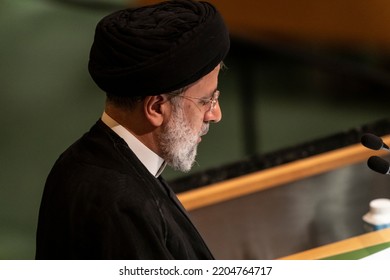 New York, NY - September 21, 2022: Seyyed Ebrahim Raisi, President Of The Islamic Republic Of Iran Speaks At 77th General Assembly Of The United Nations At UN Headquarters