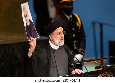 New York, NY - September 21, 2022: Seyyed Ebrahim Raisi, President Of The Islamic Republic Of Iran Speaks At 77th General Assembly Of The United Nations At UN Headquarters