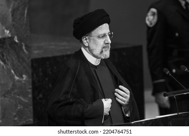 New York, NY - September 21, 2022: Seyyed Ebrahim Raisi, President Of The Islamic Republic Of Iran Speaks At 77th General Assembly Of The United Nations At UN Headquarters