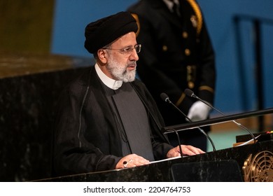 New York, NY - September 21, 2022: Seyyed Ebrahim Raisi, President Of The Islamic Republic Of Iran Speaks At 77th General Assembly Of The United Nations At UN Headquarters