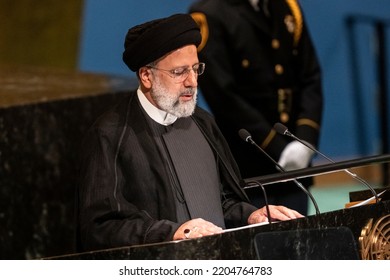 New York, NY - September 21, 2022: Seyyed Ebrahim Raisi, President Of The Islamic Republic Of Iran Speaks At 77th General Assembly Of The United Nations At UN Headquarters