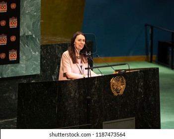 New York, NY - September 24, 2018: New Zealand Prime Minister Jacinda Ardern speaks during Nelson Mandela Peace Summit at UN General Assembly 73rd session at United Nations Headquarters