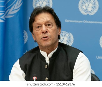 New York, NY - September 24, 2019: Prime Minister Of Pakistan Imran Khan Conducts Press Briefing During 74th General Assembly At UN Headquarters