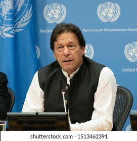 New York, NY - September 24, 2019: Prime Minister Of Pakistan Imran Khan Conducts Press Briefing During 74th General Assembly At UN Headquarters