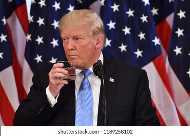 NEW YORK, NY - SEPTEMBER 26, 2018: President Donald Trump takes a drink of water during his press conference at the Lotte New York Palace.