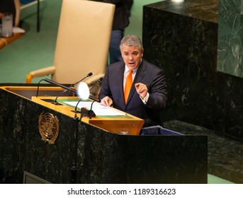 New York, NY - September 26, 2018: President Of Colombia Ivan Duque Marquez Speaks At 73rd UNGA Session At United Nations Headquarters