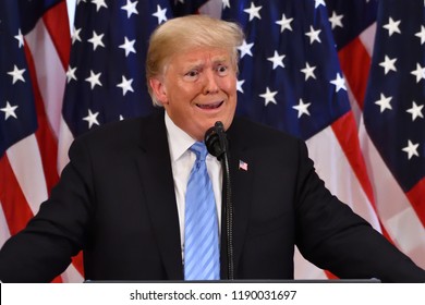NEW YORK, NY - SEPTEMBER 26, 2018: President Donald Trump gestures to emphasize an issue at a press conference held at the Lotte Palace Hotel in the Villard Room. 