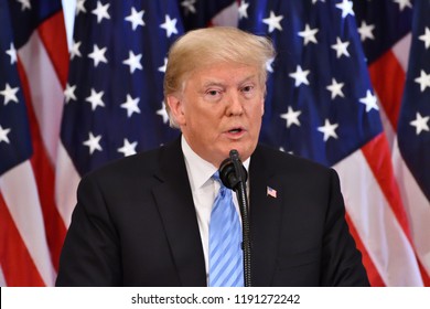 NEW YORK, NY - SEPTEMBER 26, 2018: President Donald Trump faces the press at a news conference held at the Lotte  Palace Hotel in the Villard Room. 