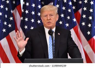 NEW YORK, NY - SEPTEMBER 26, 2018: Donald Trump,  the President of the United States addresses reporters on the sidelines of the UN General Assembly at the Lotte Palace Hotel.