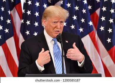 NEW YORK, NY - SEPTEMBER 26, 2018: Stable Genius Trump President of the United States gestures as he addresses a press conference at the Lotte Palace Hotel.
