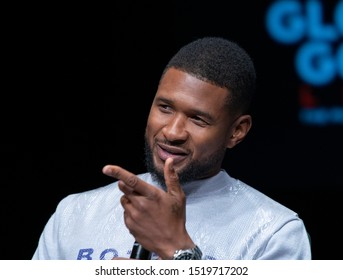 New York, NY - September 26, 2019: Usher attends press conference for Global Citizen & Teneo unveiling campaign plans and 2020 headliners at St. Ann's Warehouse