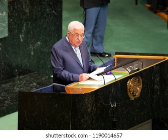 New York, NY - September 27, 2018: President of State of Palestine Mahmoud Abbas speaks at 73rd UNGA session at United Nations Headquarters