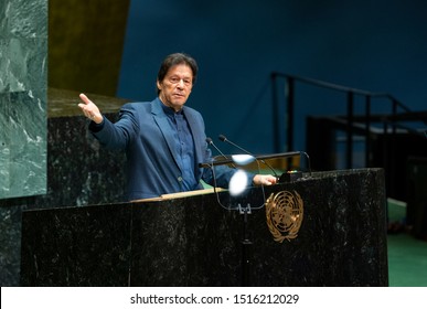 New York,  NY - September 27, 2019: Prime Minister Of Pakistan Imran Khan Addresses 74th UN General Assembly At UN Headquarteres